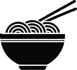 Black bowl containing noodle silhouette features two chopsticks on a transparent background