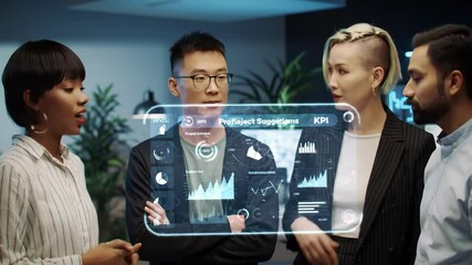 A diverse team analyzing a futuristic AI interface. - Powered by Adobe