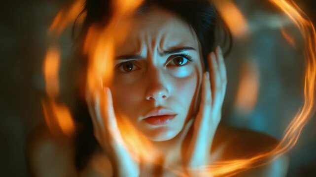 Burning Concerns: A portrait captures a young woman's raw emotion, as she appears framed by vibrant, fiery light circles, radiating tension and anxiety.