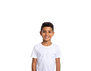 Fototapeta premium Smiling young boy with dark hair wearing a plain white tshirt