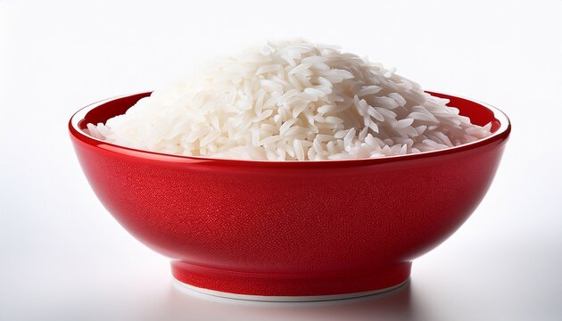 red bowl full of white rice against white background