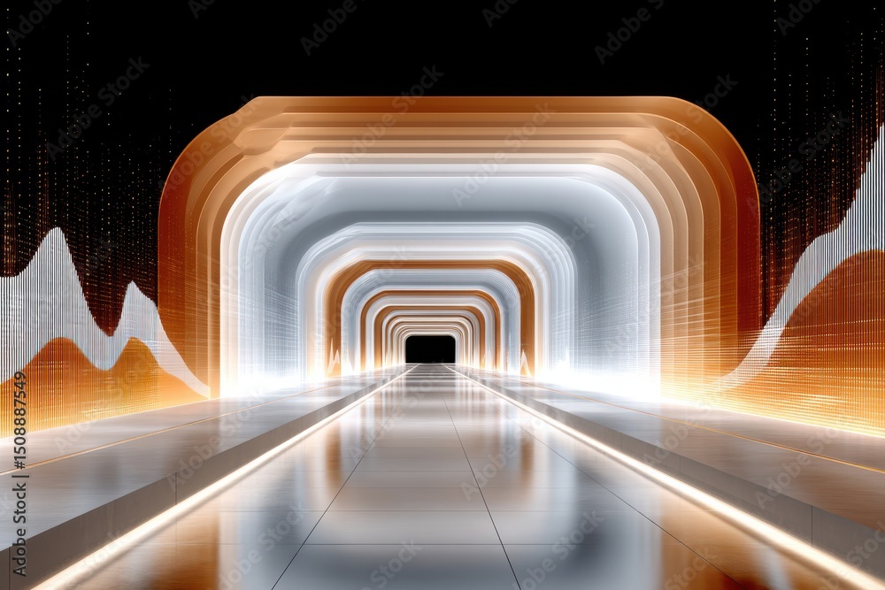 Poster futuristic illuminated tunnel with vibrant data wave patterns and reflections
