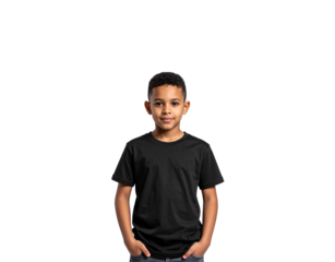 Smiling young boy with hands in pockets wearing a plain black tshirt