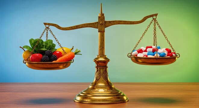 Weighing life expectancy with a brass balance scale of healthy fruits and medical pills