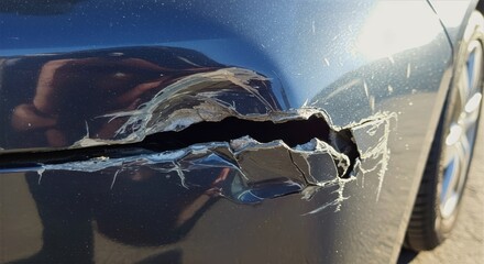 Dented car bumper with cracked paint and jagged tear showcasing severe bumper damage and sunlight reflection