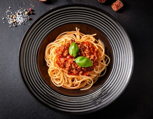 plate of spaghetti with meat sauce served elegantly on a black dish