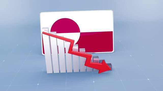 Greenland Country Flag and Bar Chart Graph Showing Decreasing Values a Red Arrow Economic Crisis Concept