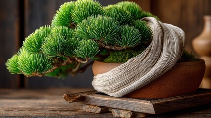 Close-up of a small pine bonsai tree in a pot showcasing the unique trunk texture and natural beauty of this plant