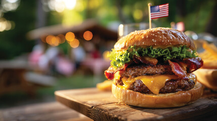 Delicious patriotic hamburger with condiments on the picnic table outdoors, ready for USA 4th July Independence day celebration	