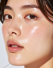 日本人, 超リアル, 美しい, 若い女性, 顔, クローズアップ, 欠点のない肌, 輝く肌質, ナチュラルメイク, 柔らかなライティング, 美容CM風, シネマティック, カメラ目線, 高解像度,Japanese, ultra-realistic, beautiful, young woman, face, close-up, flawless skin, glowing complexion