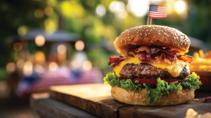 Delicious patriotic hamburger with condiments on the picnic table outdoors, ready for USA 4th July Independence day celebration	