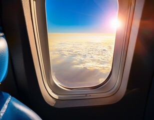 Fototapeta premium bright sky through airplane window view from seat