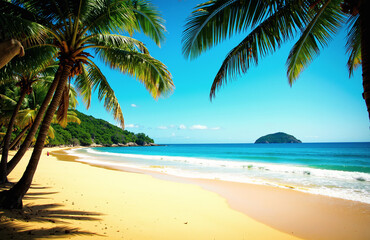 Obraz premium Tropical beach with palms, turquoise water, golden sand