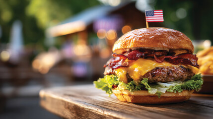 Delicious patriotic hamburger with condiments on the picnic table outdoors, ready for USA 4th July Independence day celebration	