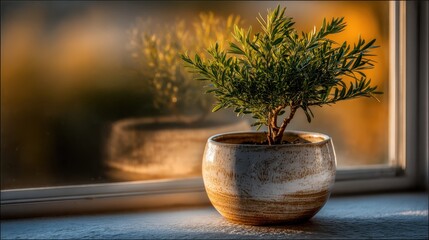 Elegant bonsai tree on a windowsill illuminated by golden hour light creating a beautiful and serene home atmosphere