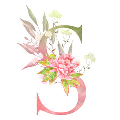S – Soft watercolor floral letter S with botanical charm. A lovely touch for birth announcements or elegant quotes.