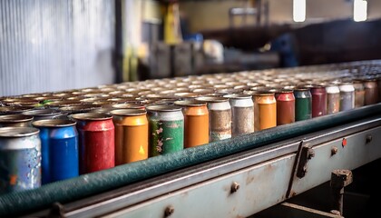 old painted cans on a conveyor belt in a workshop use for topics related to industry recycling ecology