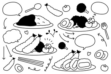 手描き風のかわいい料理と吹き出しと矢印のセット