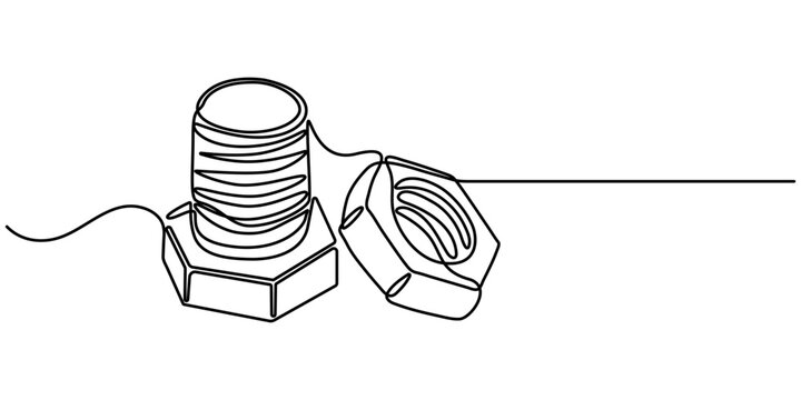 Stainless Steel Nut Bolt continuous one line drawing, Screw, bolt and nut, dowel, pin, pintle one line art. Continuous line drawing of repair, professional, hand, people, concept, support. 