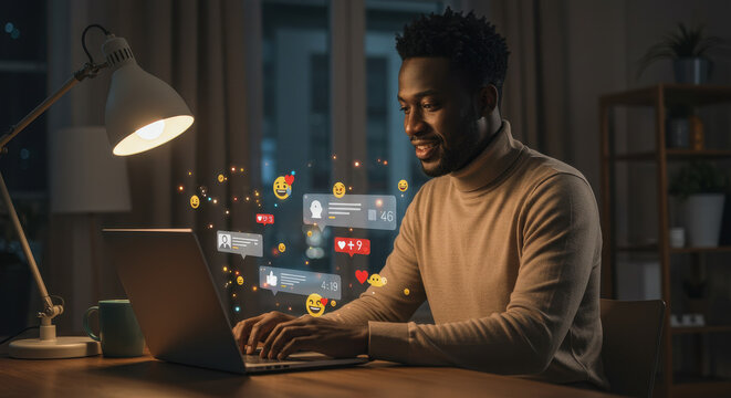 Man in his 30s smiles as he engages with social media on his laptop, amidst notifications indoors at night. - Powered by Adobe