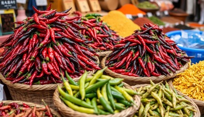 Naklejka premium Vibrant market stall display featuring Szechuan peppers piled high in woven baskets amidst assorted hot peppers and spices