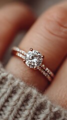 Elegant diamond engagement ring showcased on a warm autumn day in a cozy sweater setting