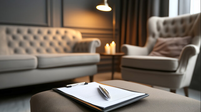 Therapy room interior with soft armchairs, warm lighting, and clipboard on ottoman, ideal for mental health, counseling, psychology or wellness topics