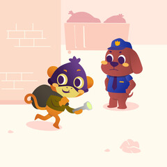 Vector cartoon of a cute monkey who is a thief who is sneaking around in an alley with his stolen goods but there is already a police dog who is blocking him