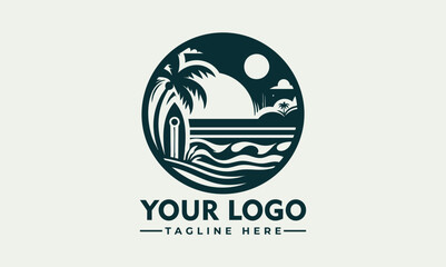 Obraz premium Retro beach scene with surfboard, palm trees, ocean waves, and sunset in circular design 