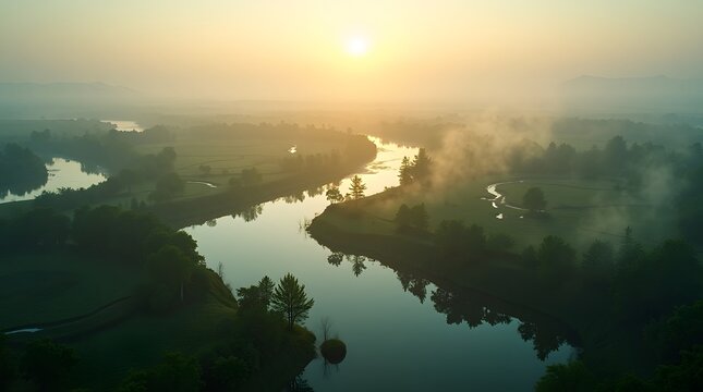 Aerial view of a misty river at sunrise. Serene landscape, ideal for travel, nature, and inspirational themes. 198 characters