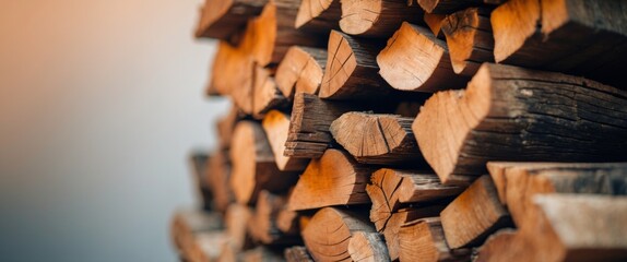 Neatly Stacked Firewood Pile Ready for Winter, CloseUp of Rustic Wooden Logs.