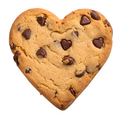 Chocolate chip cookie in heart shape top view isolated on white background