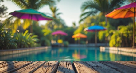 Fototapeta premium Serene Poolside View with Colorful Umbrellas and a Relaxing Wooden Deck.