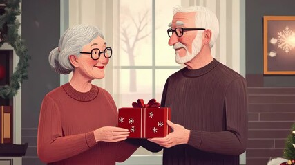 Illustration of senior couple exchanging gift, holiday celebration, indoor. Man and woman smiling, giving present. - Powered by Adobe