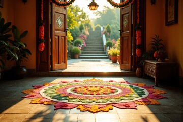 Traditional Indian welcome with a vibrant rangoli at the entrance of a home, symbolizing hospitality and celebration
