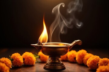 Traditional burning oil lamp emitting smoke with orange marigold flowers garland, celebrating Diwali festival