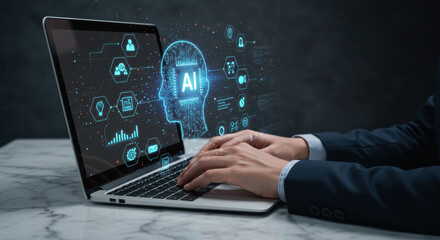 Artificial intelligence: Business professional using laptop with AI head interface to showcase innovative digital transformation and communication, no people
