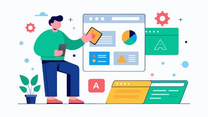 A designer uses AB testing data to optimize the layout and design of a landing page.. Vector illustration