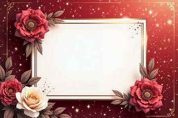 Crimson gradient invitation background featuring creamy florals and deep red flowers. 