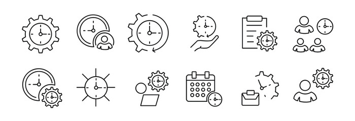 clock timer working gear settings. Set of time management business icon.
