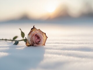 A delicate rose lies on the winter snow, illuminated by the soft glow of the rising sun.