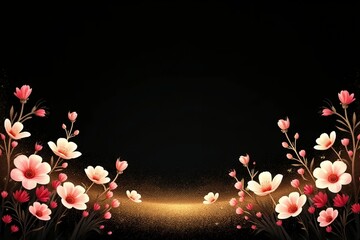 Jet black invitation background with warm pink, ivory, and red blossoms. 