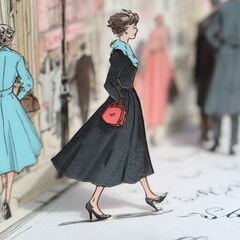 Obraz premium Fashionable woman in elegant coat and heels carries red purse while walking in city street surrounded by stylish pedestrians