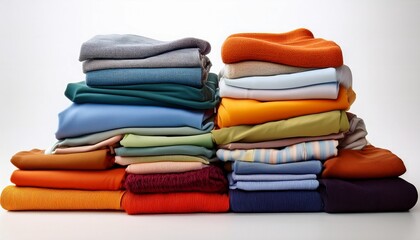 neatly folded pile of clean clothes the crisp fabrics in a variety of colors and sizes are stacked perfectly on a clean white background this image is ideal for advertising laundry detergents