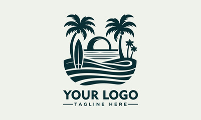 Fototapeta premium Retro beach scene with surfboard, palm trees, ocean waves, and sunset in circular design 