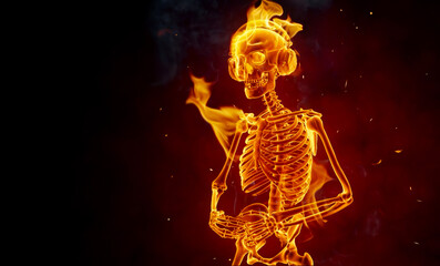 Burning skeleton with headphones. 3D render with real fire flames.