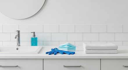 Dental office sink with cleaning supplies and towels