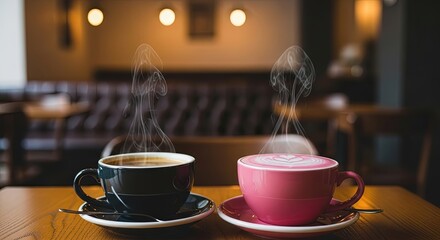 Two cups with different colored drinks for Friendship Day in a cafe  