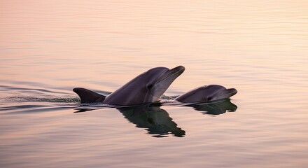 Dolphins swimming together in calm water at sunset  