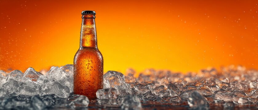 A single amber beer bottle stands chilled among ice cubes with droplets on the surface, against a vivid orange gradient background